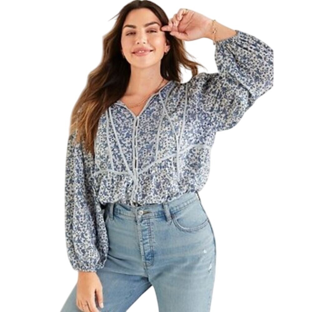 Old Navy Floral Peasant Blouse Long Lovestitch Sleeve Boho Top Blue White 2X‎